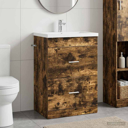 Bathroom Under Sink Cabinet Smoked Oak 56 x 37.5 x 81 cm
