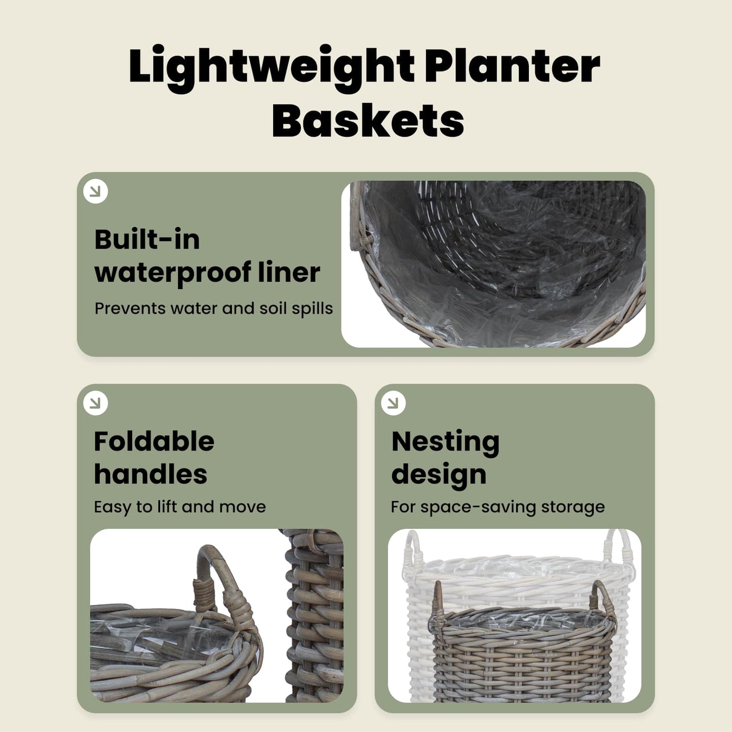 Planter Basket with Storage 2 pcs Natural Grey Kubu Rattan
