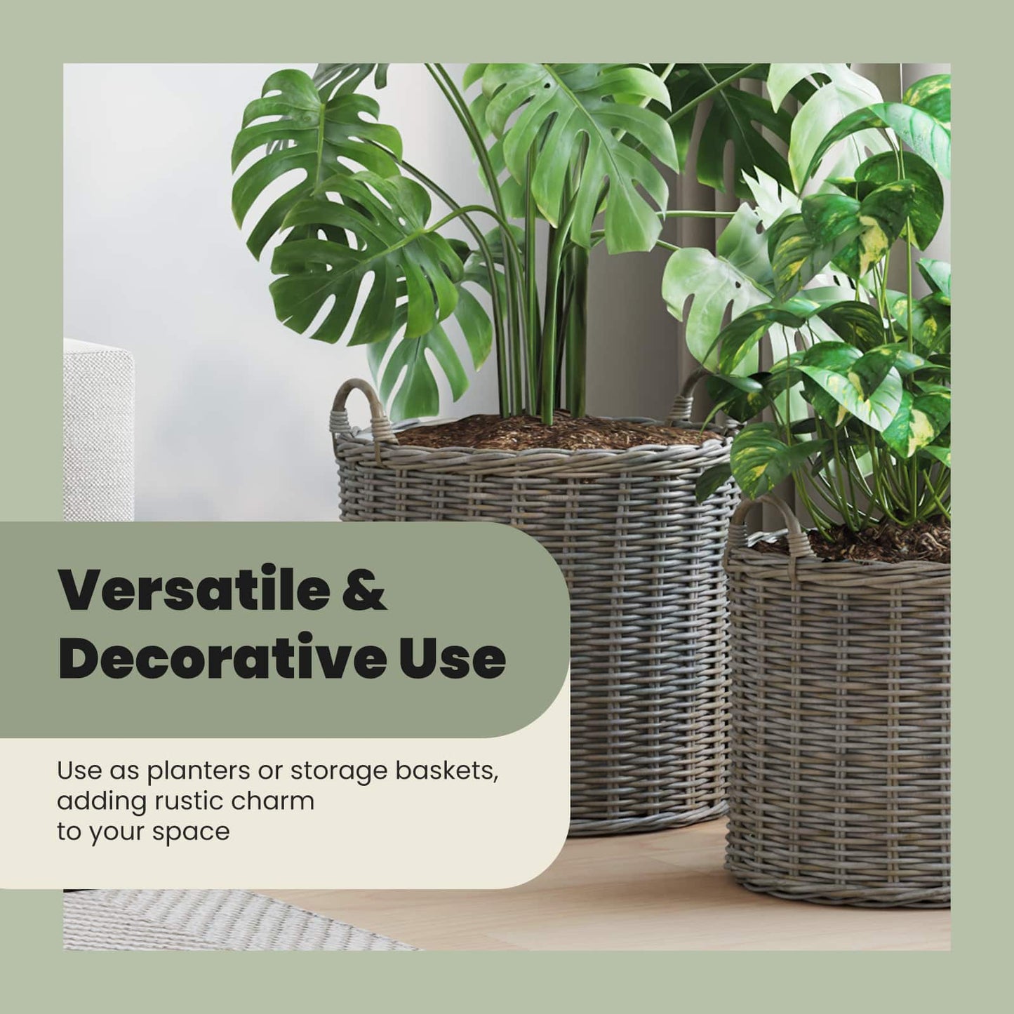 Planter Basket with Storage 2 pcs Natural Grey Kubu Rattan
