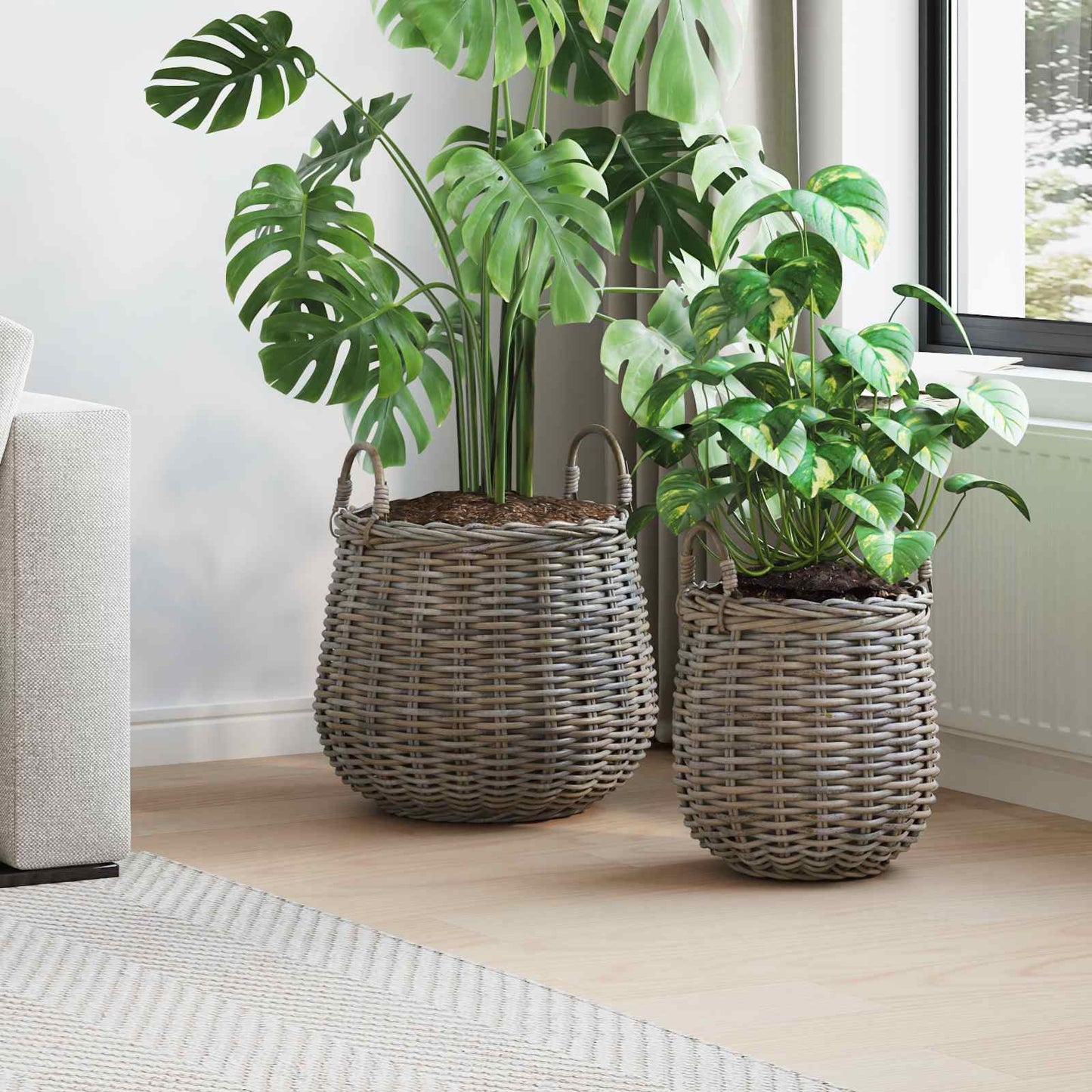 Planter Basket with Storage 2 pcs Grey Lacak Rattan