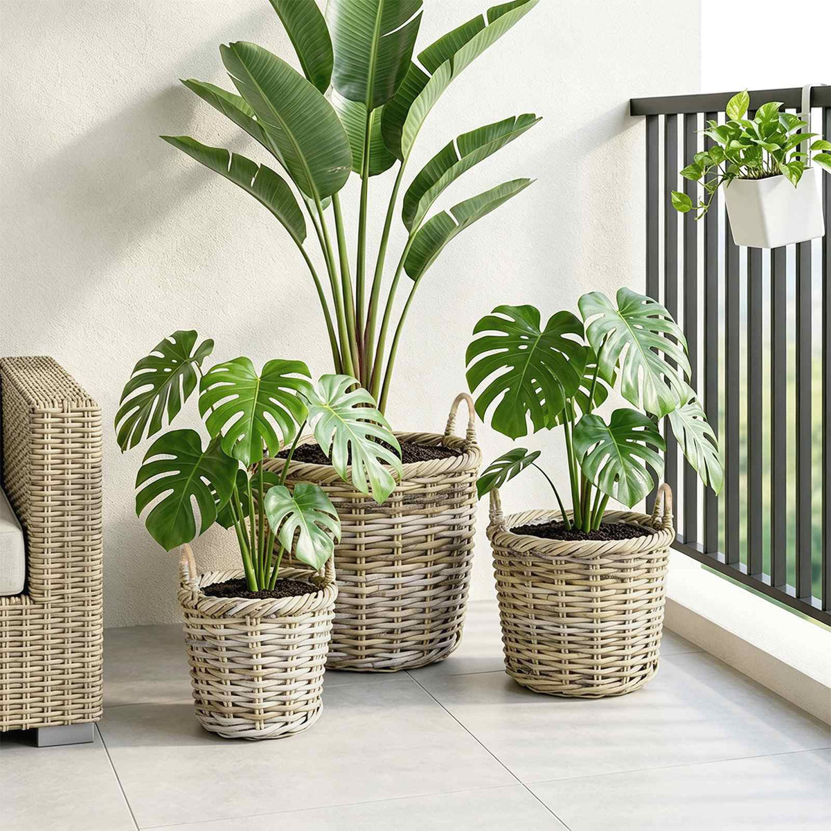 Planter Basket GENDT 3 pcs Natural Grey Kubu Rattan