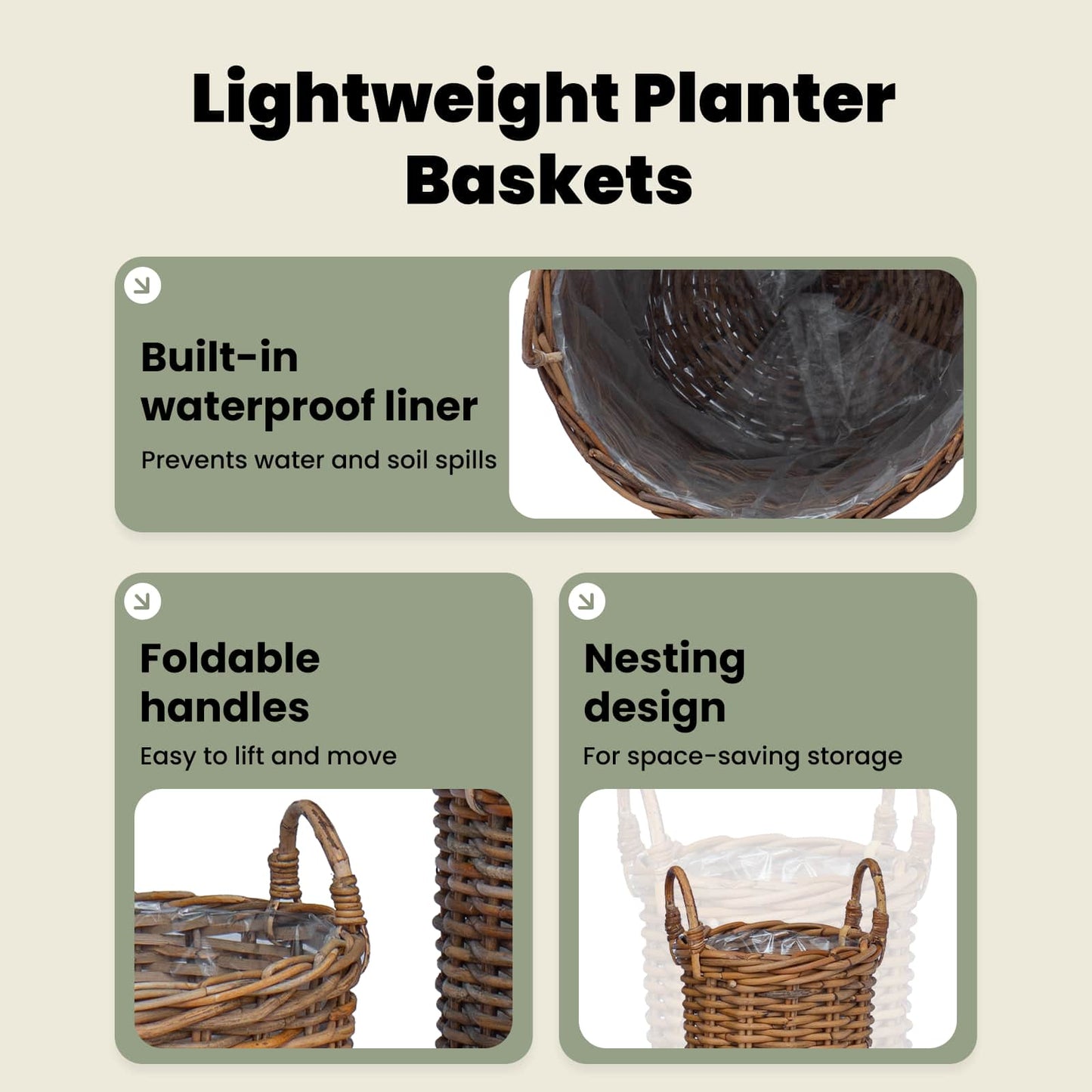 Planter Basket with Storage 2 pcs Natural Brown Kubu Rattan