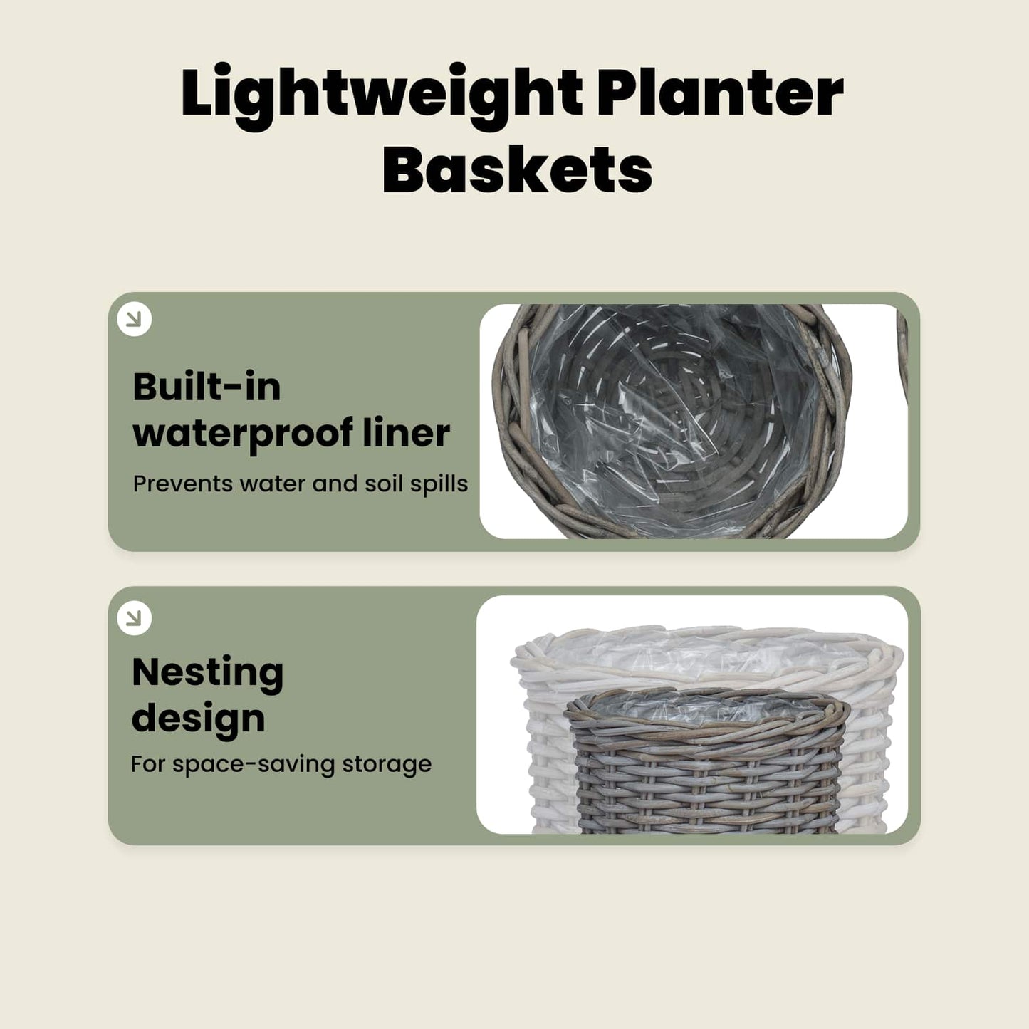 Planter Basket with Storage 2 pcs Natural Grey Kubu Rattan