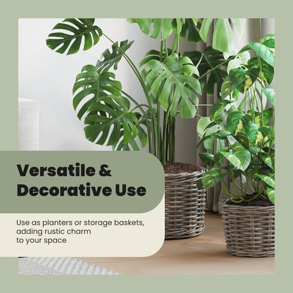 Planter Basket with Storage 2 pcs Natural Grey Kubu Rattan
