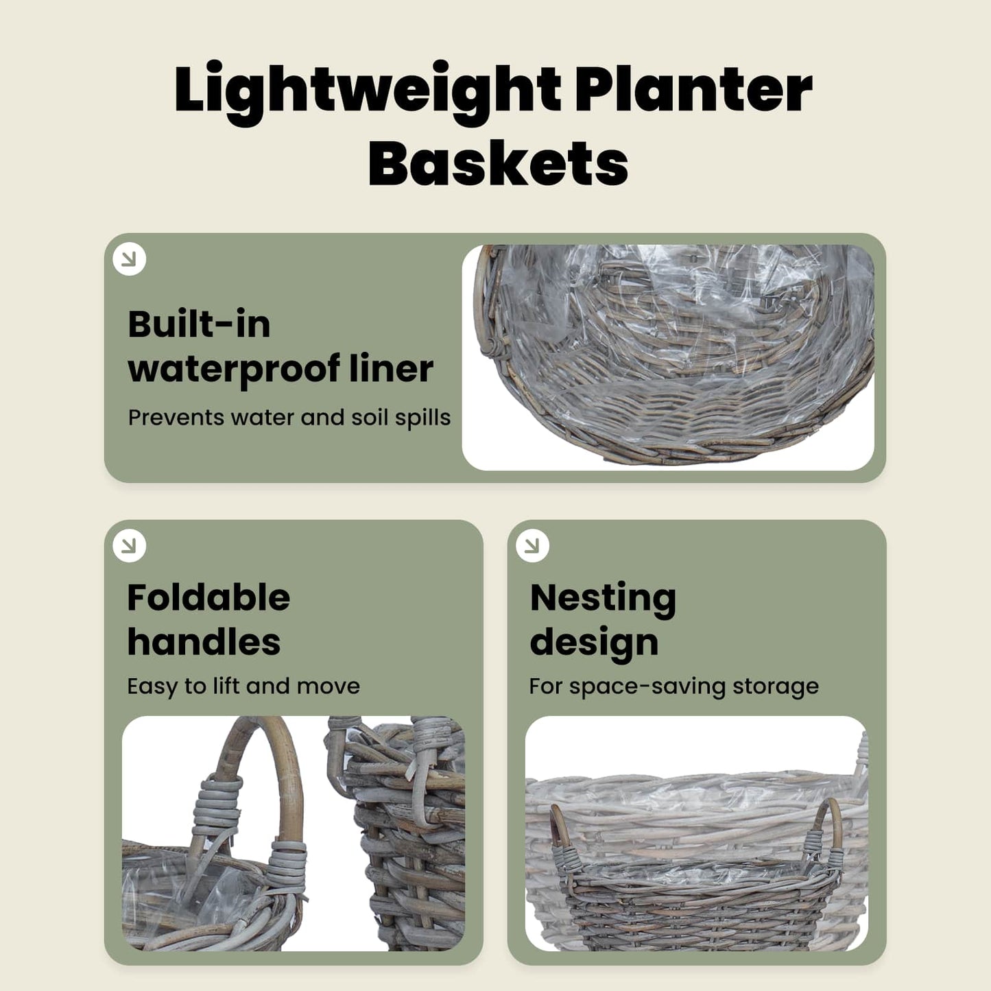 Planter Basket with Storage 2 pcs Natural Grey Kubu Rattan