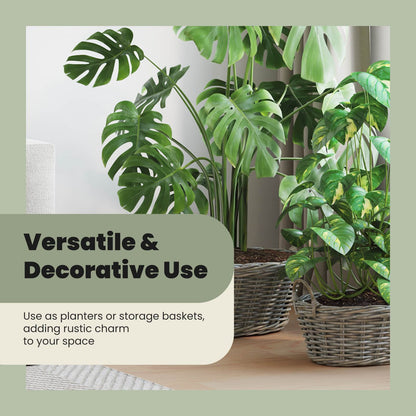 Planter Basket with Storage 2 pcs Natural Grey Kubu Rattan