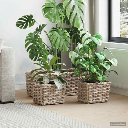 Planter Basket with Storage 3 pcs Natural Grey Kubu Rattan