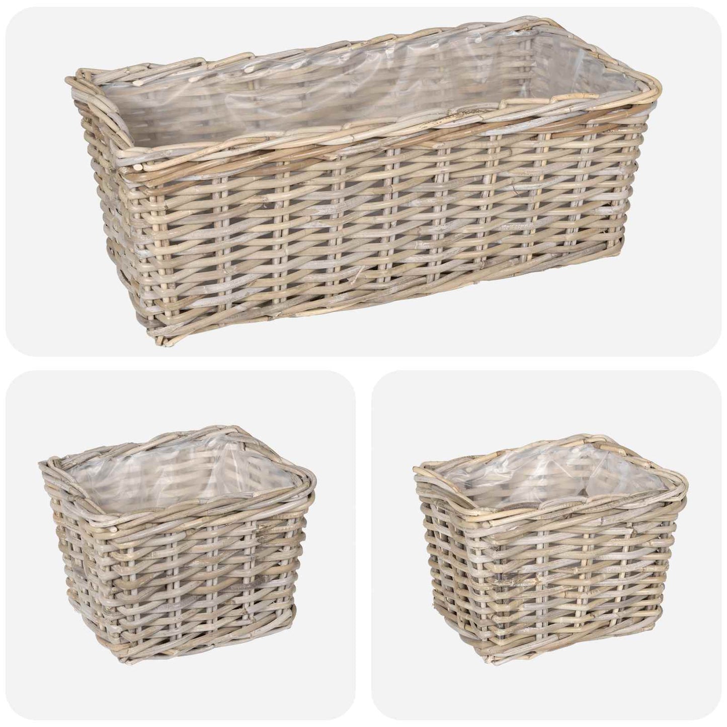 Planter Basket with Storage 3 pcs Natural Grey Kubu Rattan