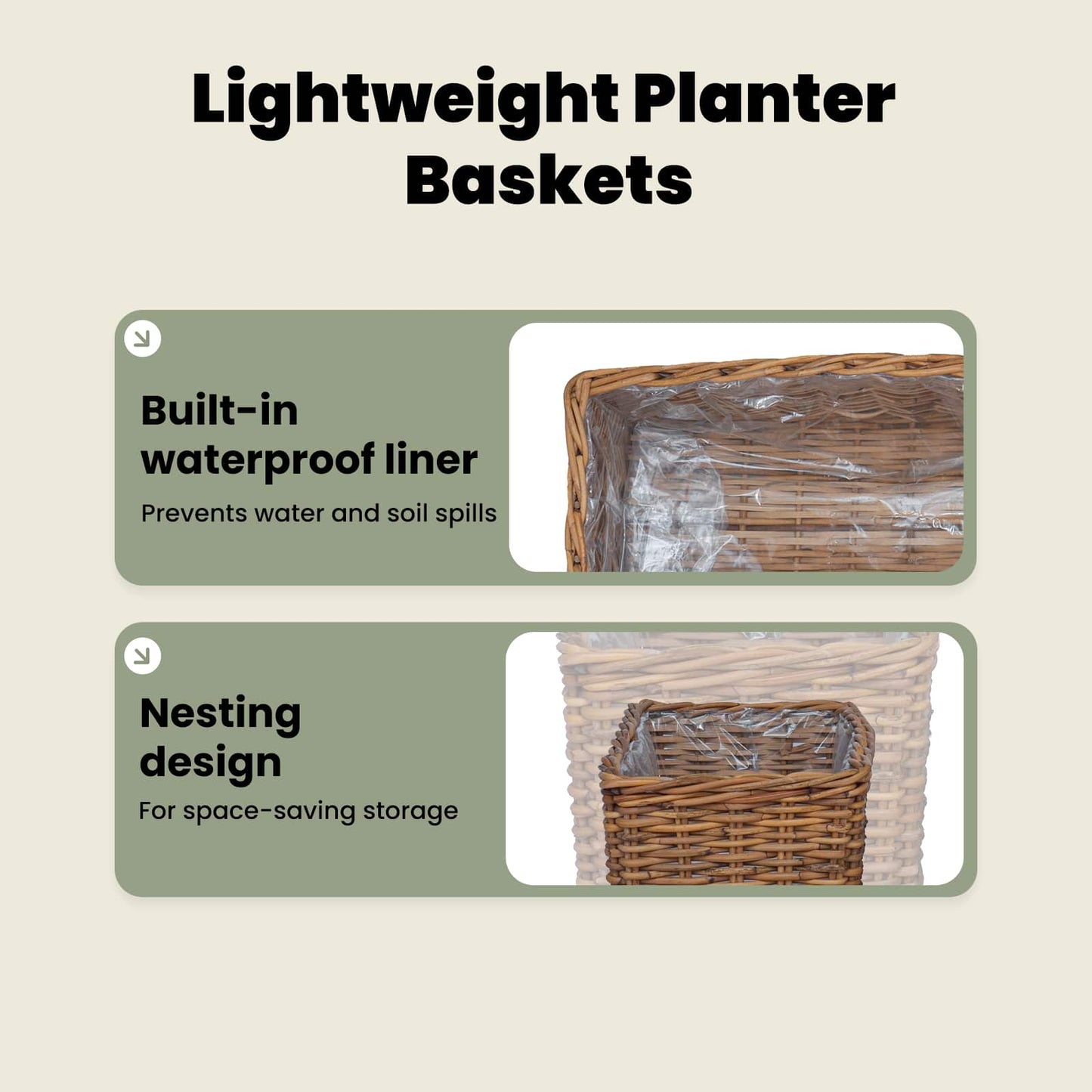 Planter Basket with Storage 3 pcs Natural Brown Kubu Rattan
