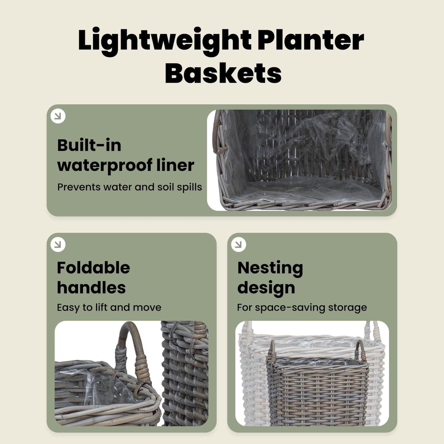 Planter Basket with Storage 2 pcs Natural Grey Kubu Rattan