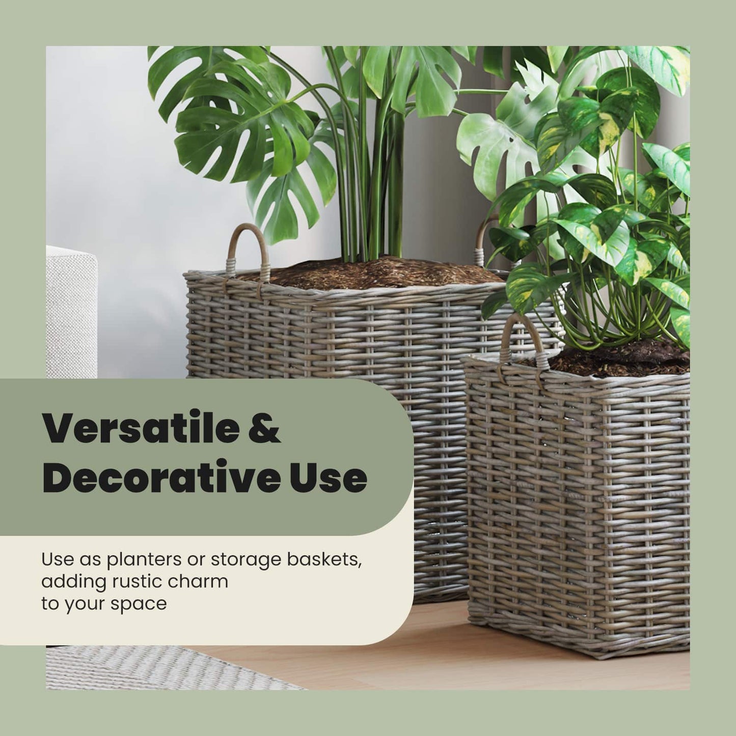 Planter Basket with Storage 2 pcs Natural Grey Kubu Rattan