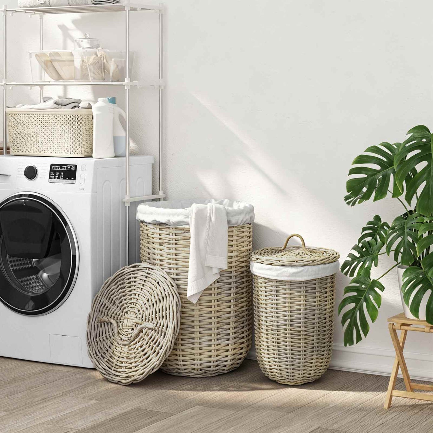 Laundry Basket with Lid GENDT 2 pcs Natural Grey Kubu Rattan