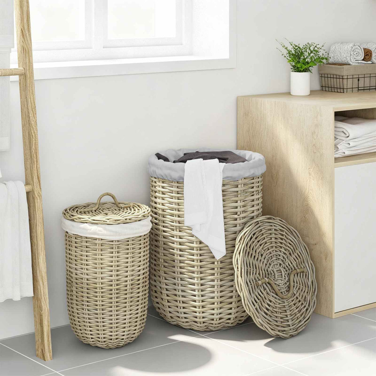 Laundry Basket with Lid GENDT 2 pcs Natural Grey Kubu Rattan