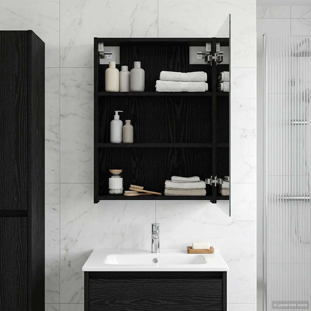 Bathroom Mirror Cabinet with Shelf Black Oak 50 x 14.5 x 70 cm
