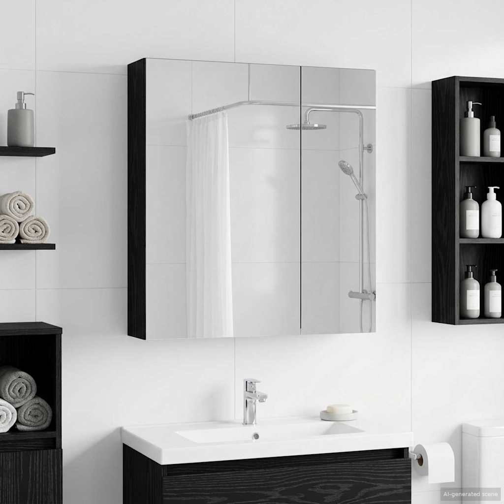 Bathroom Mirror Cabinet with Shelf Black Oak 60 x 14.5 x 70 cm