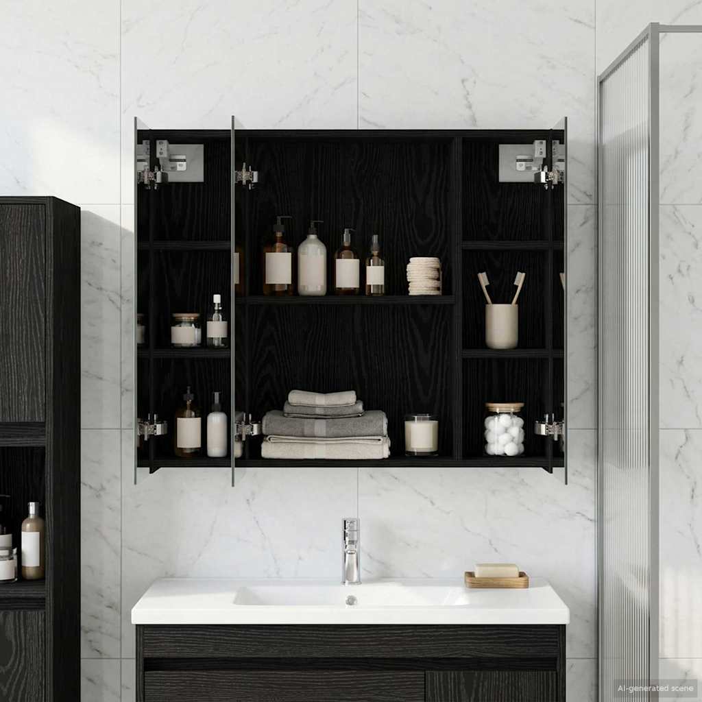 Bathroom Mirror Cabinet with Shelf Black Oak 80 x 14.5 x 70 cm