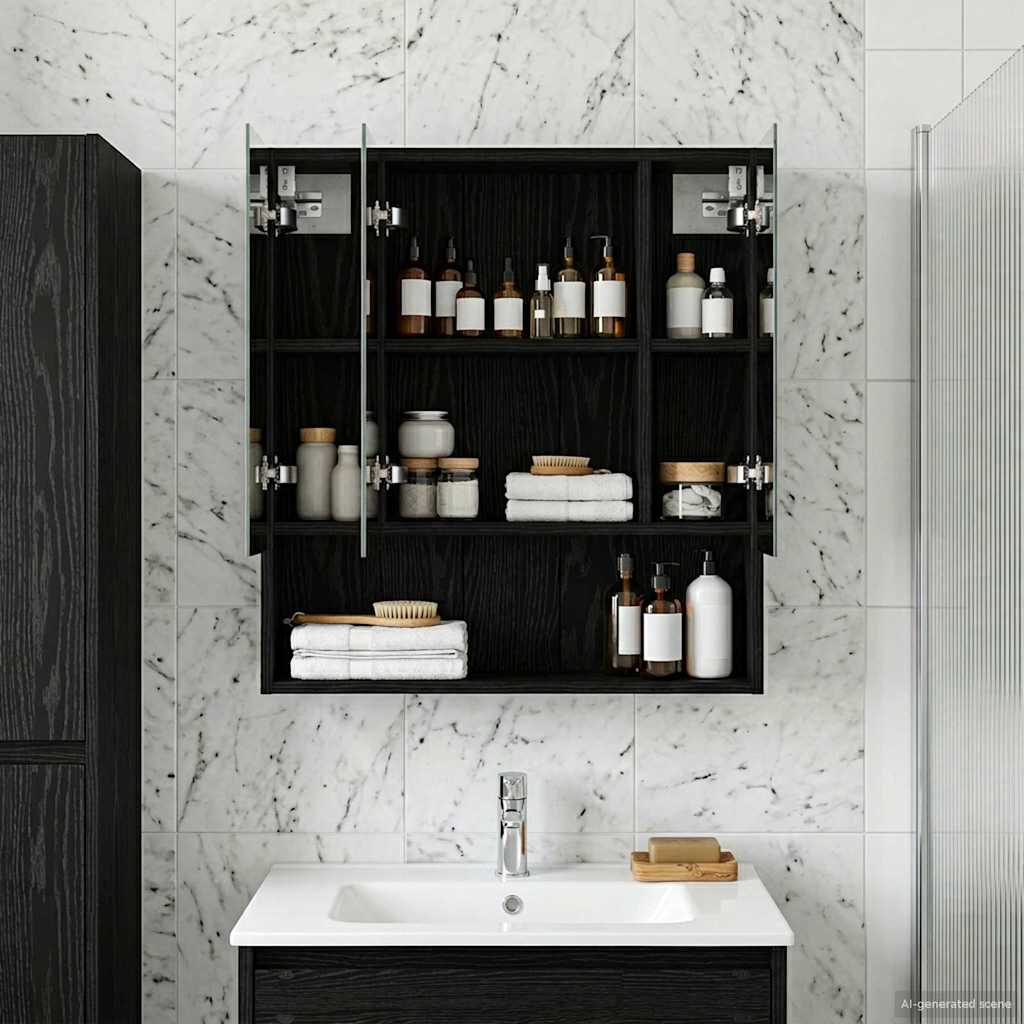 Bathroom Mirror Cabinet with Shelf Black Oak 60 x 14.5 x 70 cm