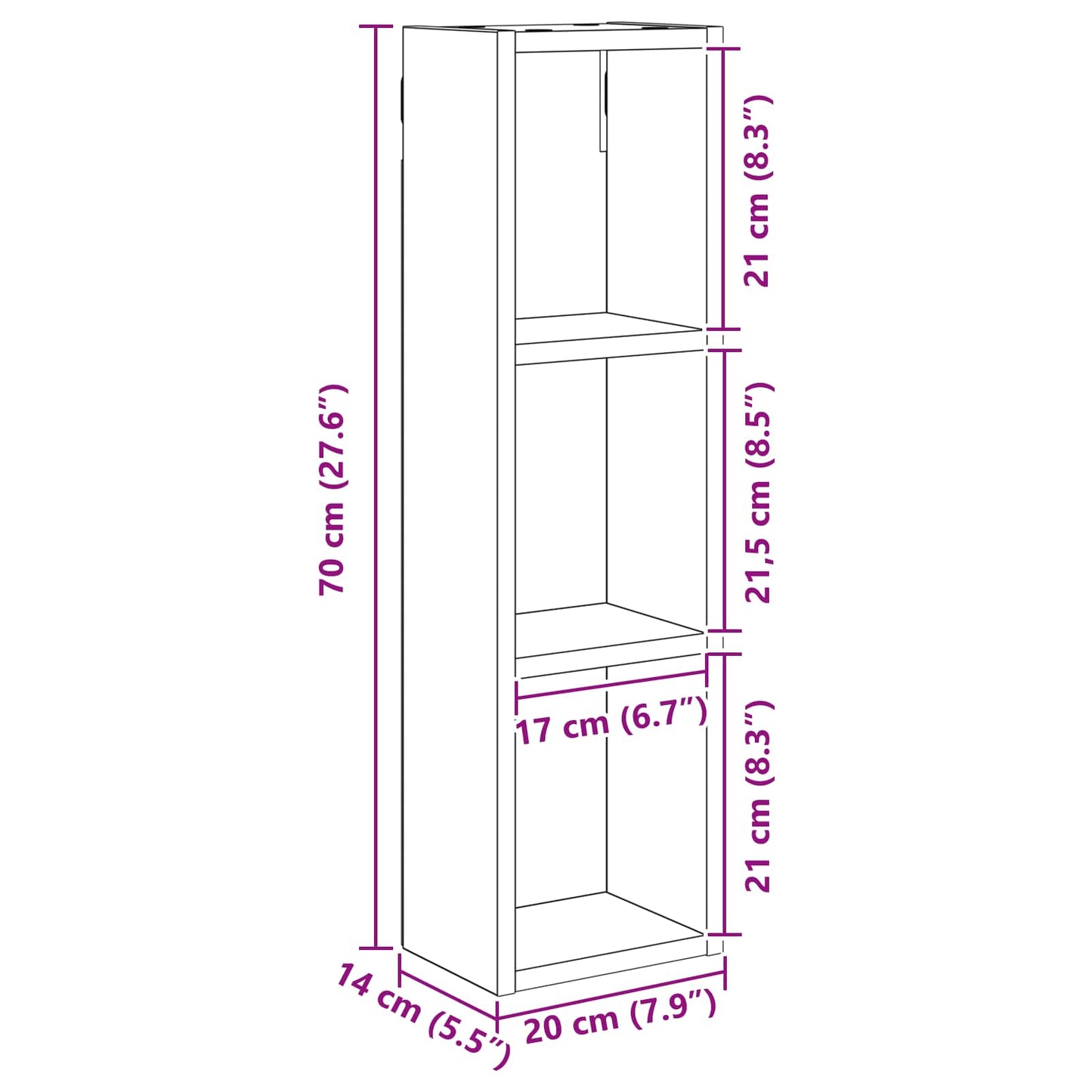 Bathroom Wall Cabinet Grey Sonoma 20 x 14 x 70 cm