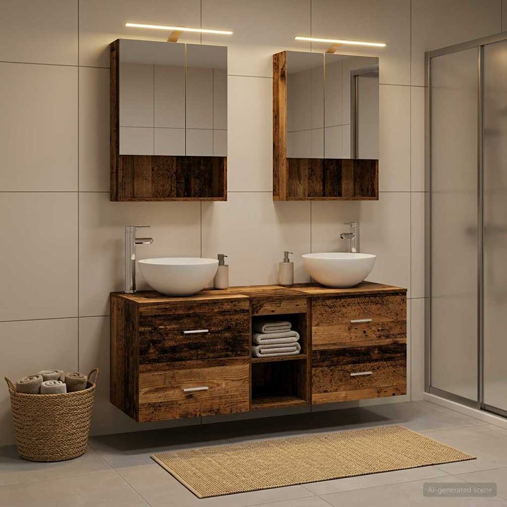 Bathroom Furniture Set 5 pcs Old Wood Engineered Wood and Glass