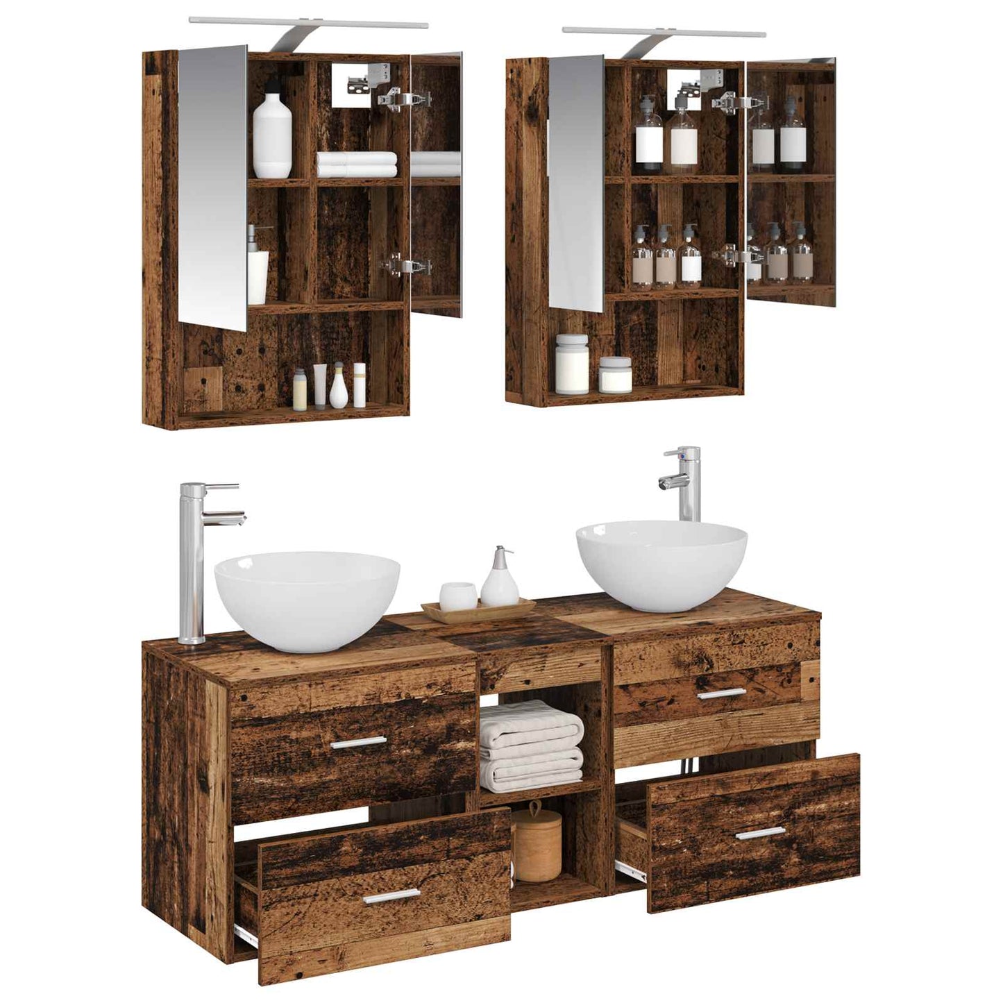 Bathroom Furniture Set 5 pcs Old Wood Engineered Wood and Glass