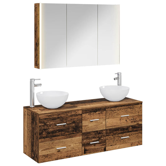 Bathroom Furniture Set 4 pcs Old Wood Engineered Wood and Glass