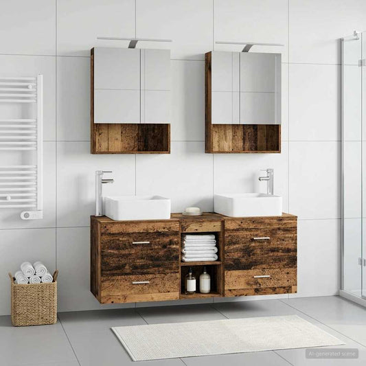 Bathroom Furniture Set 5 pcs Old Wood Engineered Wood and Glass