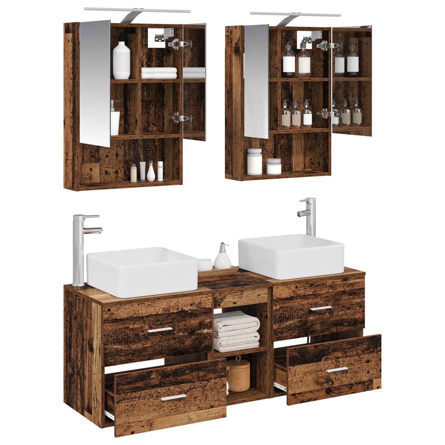 Bathroom Furniture Set 5 pcs Old Wood Engineered Wood and Glass