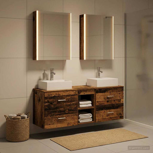 Bathroom Furniture Set 5 pcs Old Wood Engineered Wood and Glass