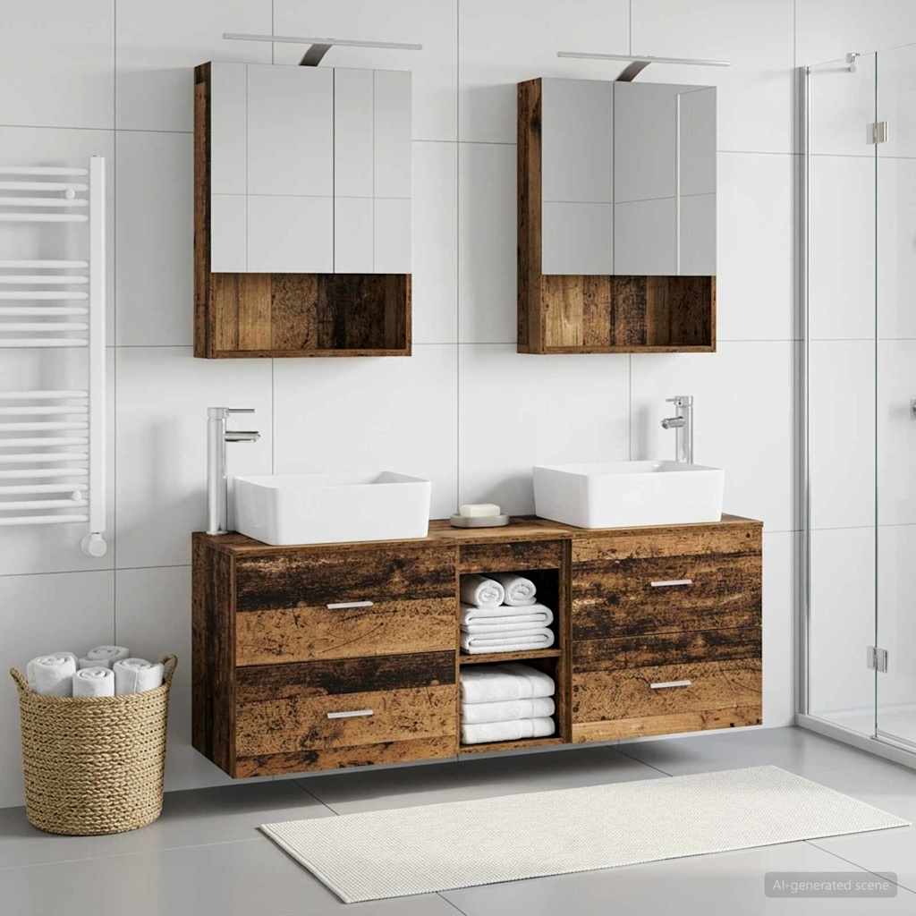 Bathroom Furniture Set 5 pcs Old Wood Engineered Wood and Glass
