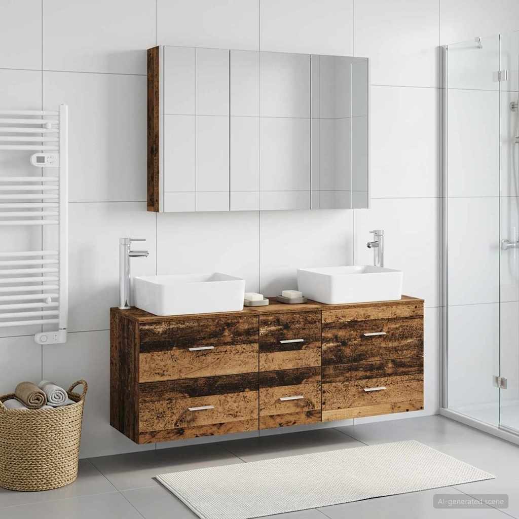Bathroom Furniture Set 4 pcs Old Wood Engineered Wood and Glass
