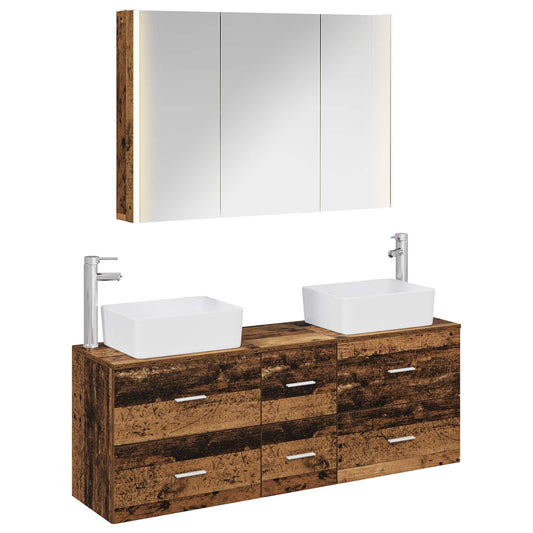 Bathroom Furniture Set 4 pcs Old Wood Engineered Wood and Glass