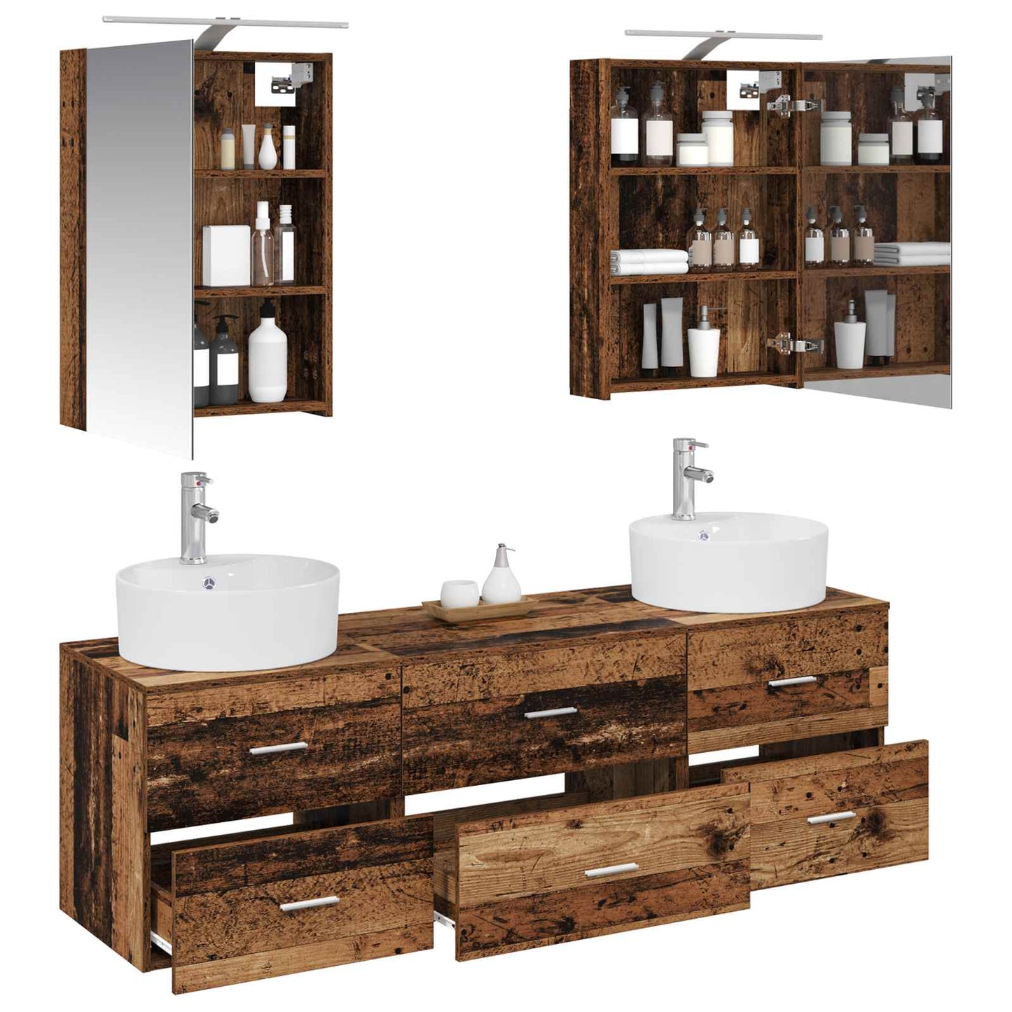 Bathroom Furniture Set 5 pcs Old Wood Engineered Wood and Glass
