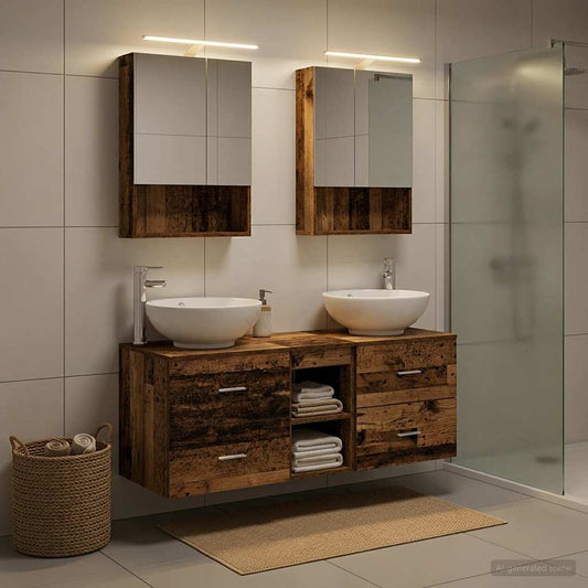 Bathroom Furniture Set 5 pcs Old Wood Engineered Wood and Glass