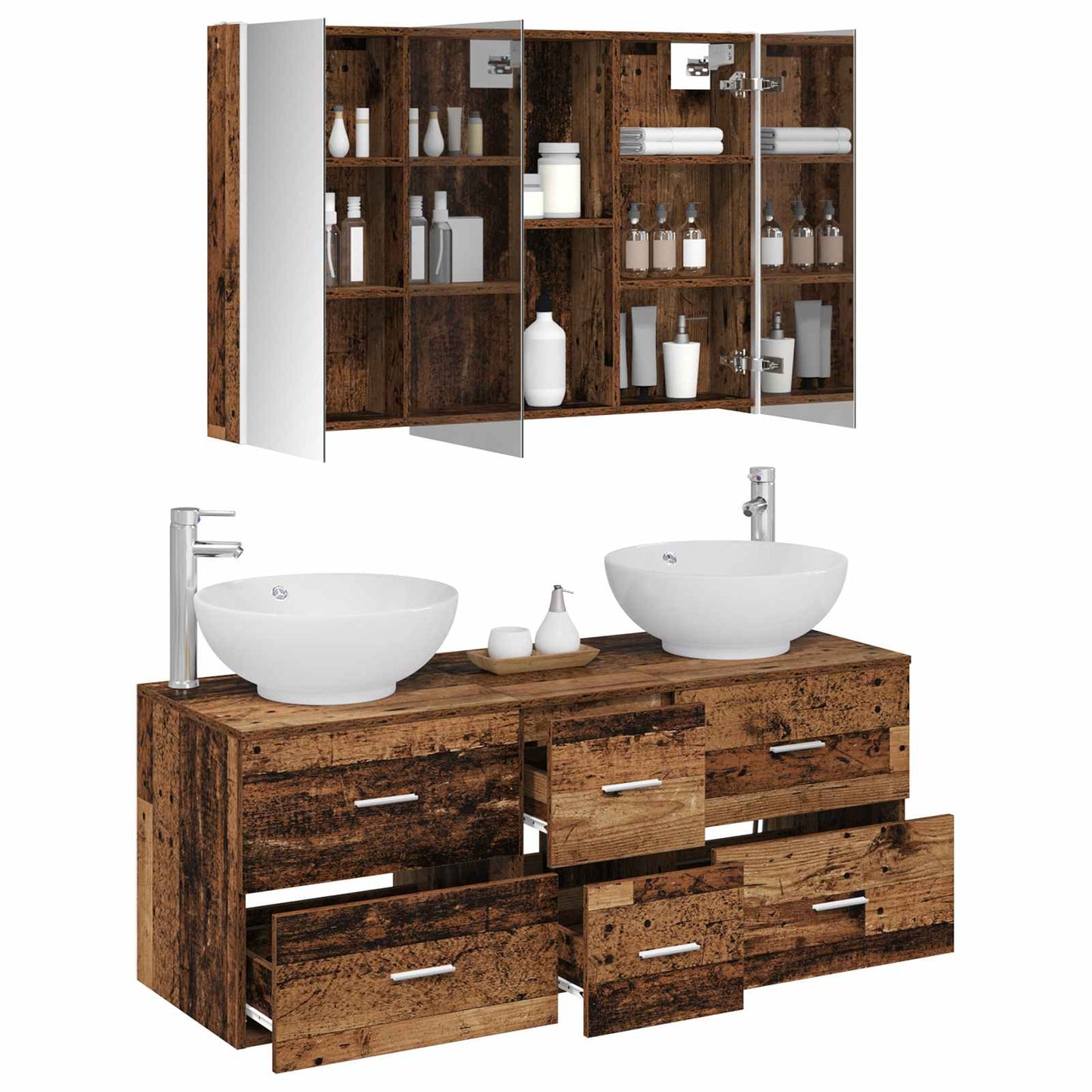 Bathroom Furniture Set 4 pcs Old Wood Engineered Wood and Glass