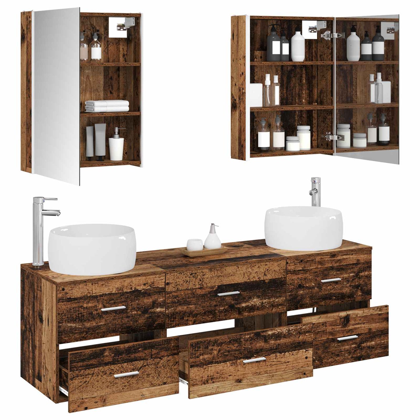 Bathroom Furniture Set 5 pcs Old Wood Engineered Wood and Glass