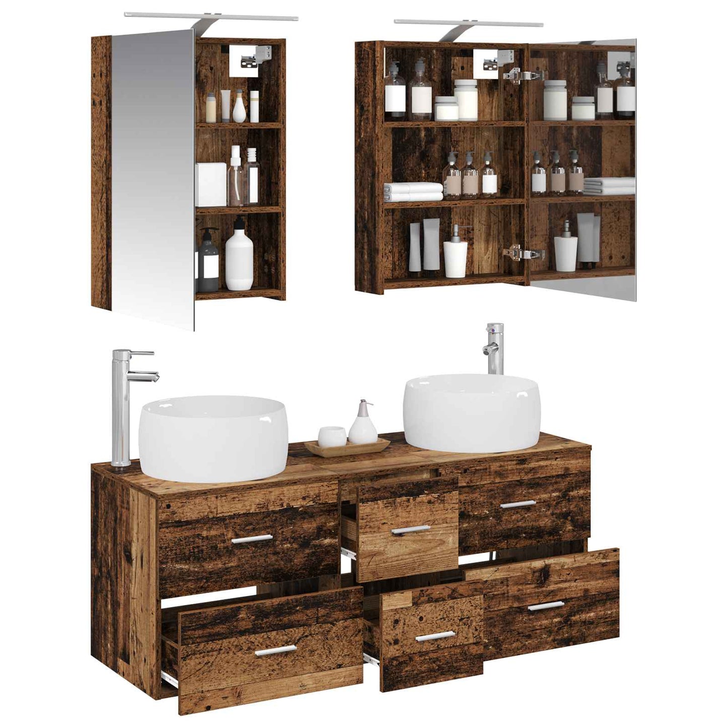 Bathroom Furniture Set 5 pcs Old Wood Engineered Wood and Glass