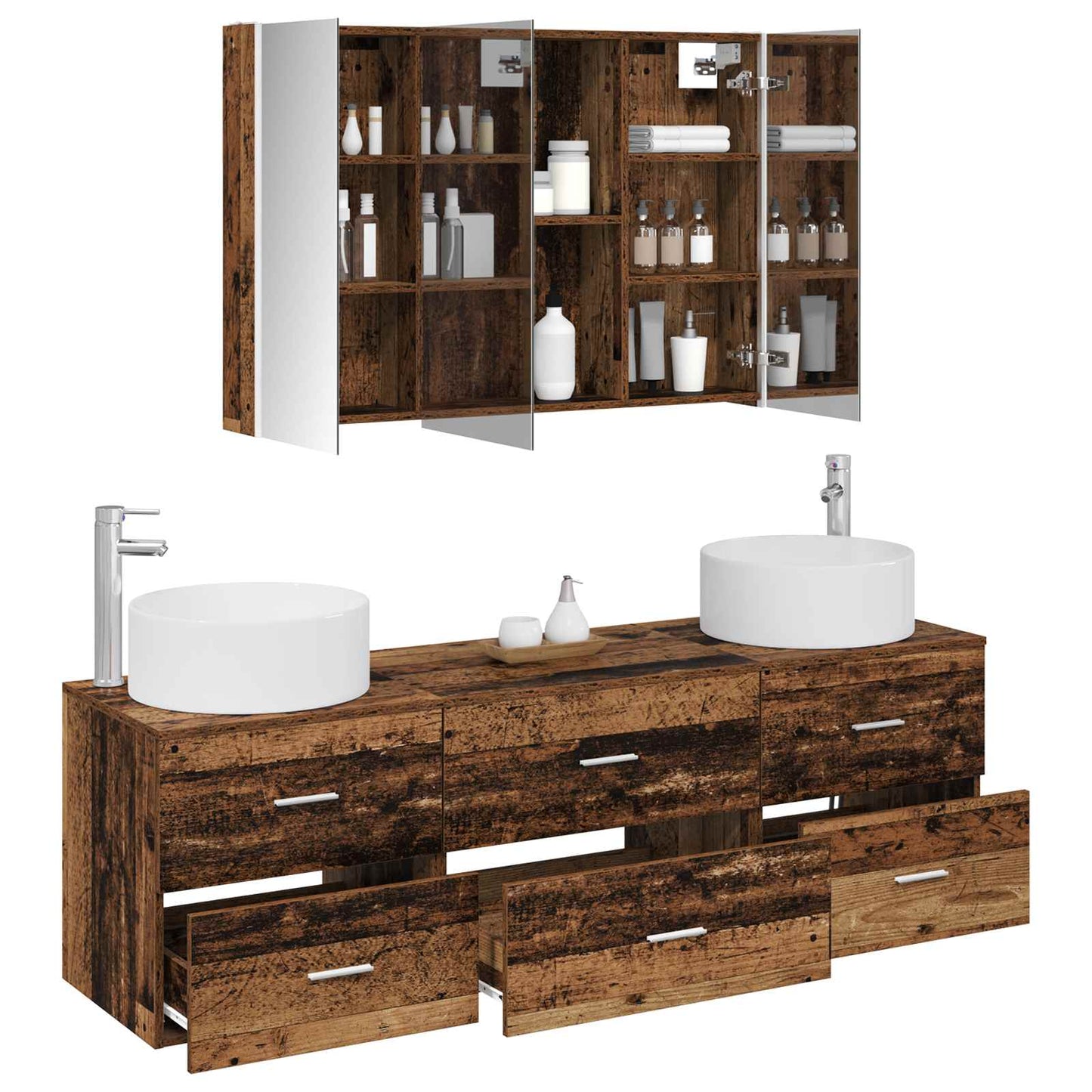 Bathroom Furniture Set 4 pcs Old Wood Engineered Wood and Glass