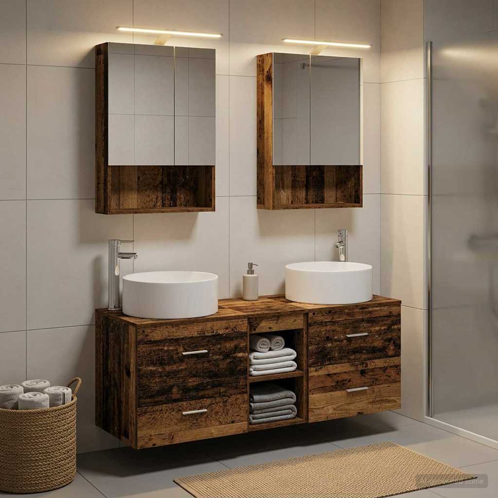 Bathroom Furniture Set 5 pcs Old Wood Engineered Wood and Glass