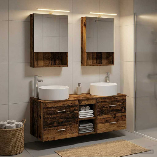 Bathroom Furniture Set 5 pcs Old Wood Engineered Wood and Glass