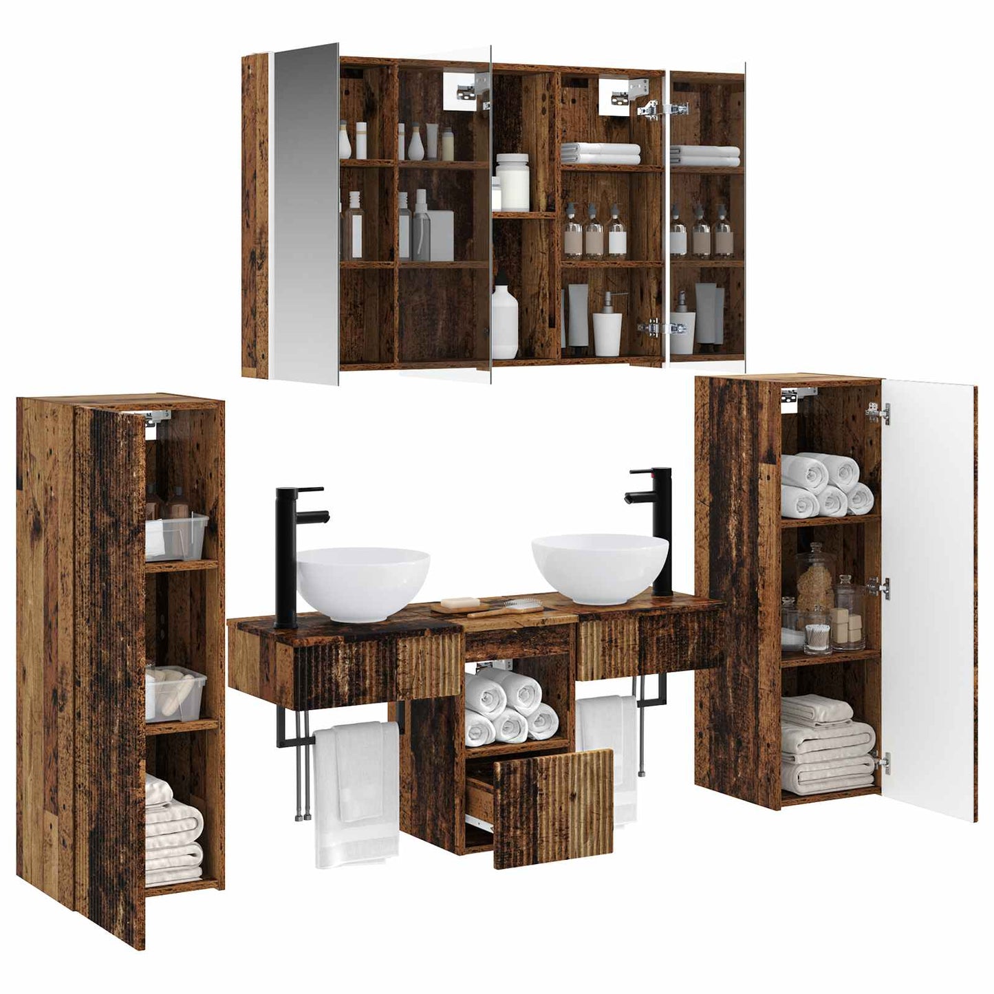 Bathroom Furniture Set 6 pcs Old Wood Engineered Wood and Glass