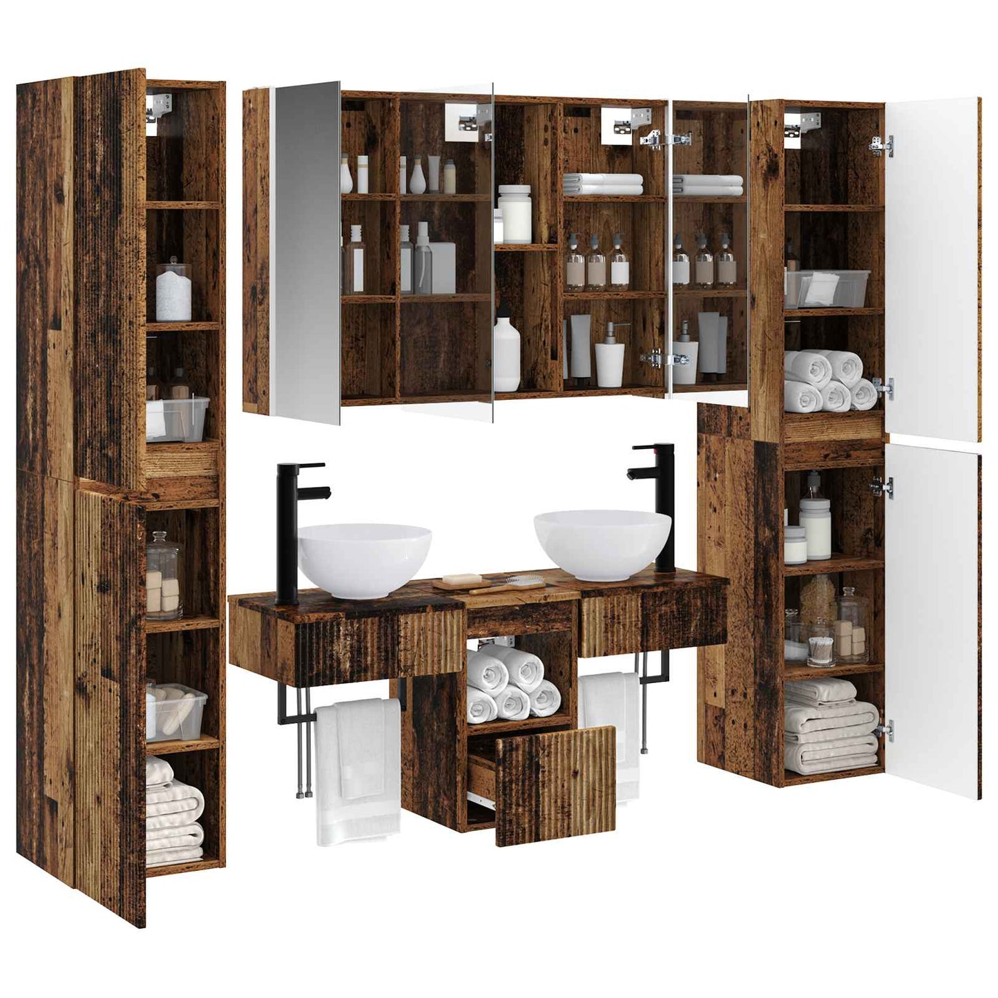 Bathroom Furniture Set 6 pcs Old Wood Engineered Wood and Glass