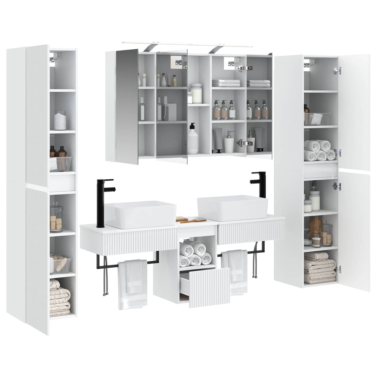 Bathroom Furniture Set 6 pcs White Engineered Wood and Glass