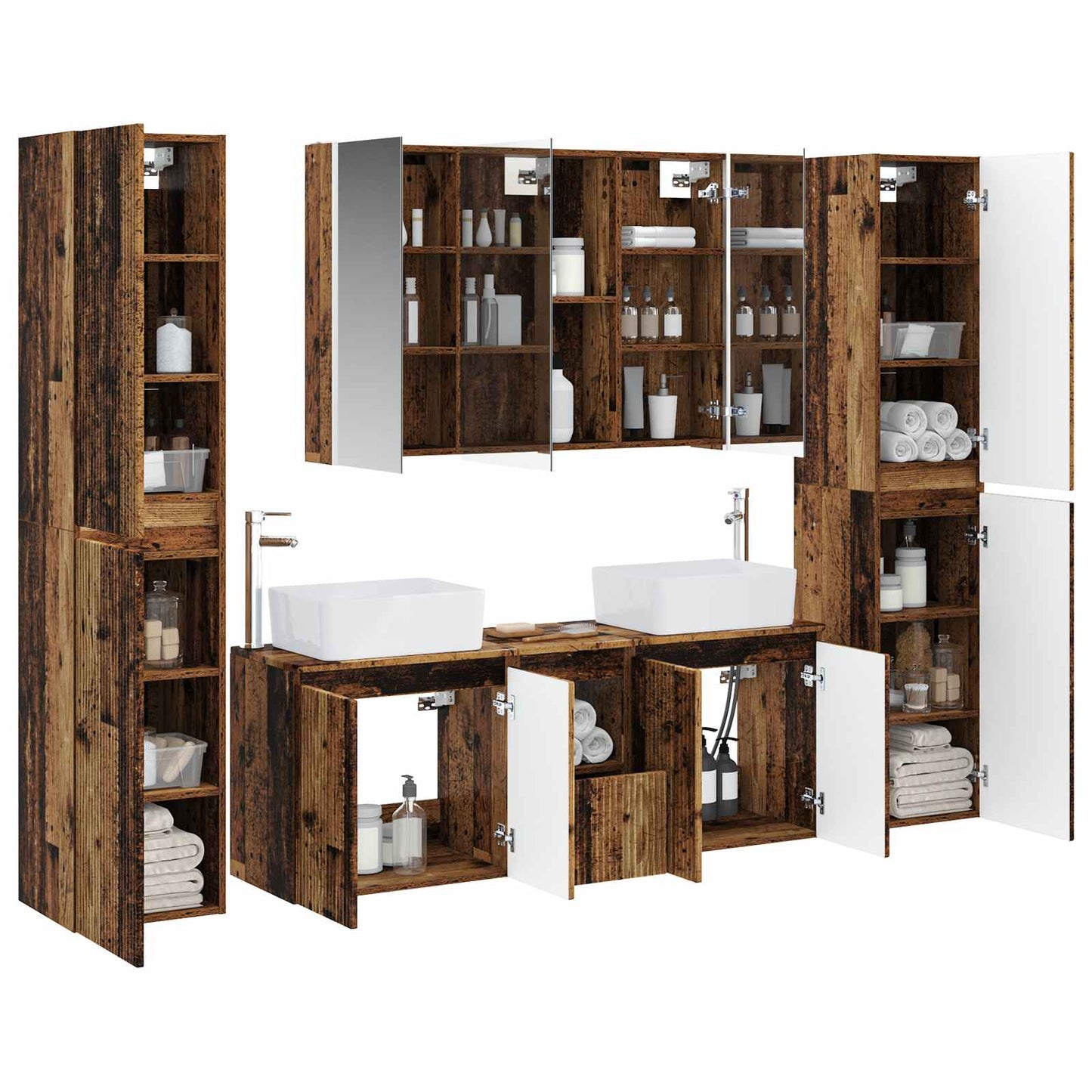 Bathroom Furniture Set 6 pcs Old Wood Engineered Wood and Glass
