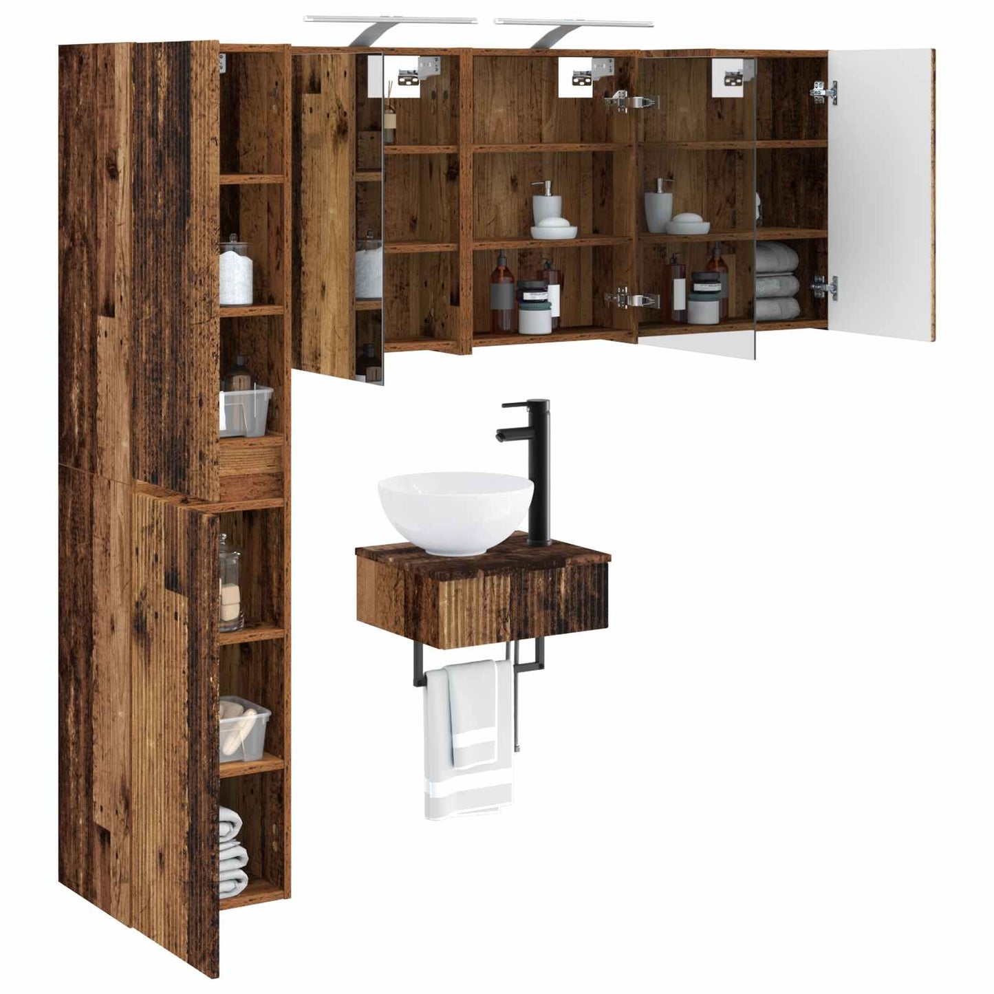 Bathroom Furniture Set 5 pcs Old Wood Engineered Wood and Glass