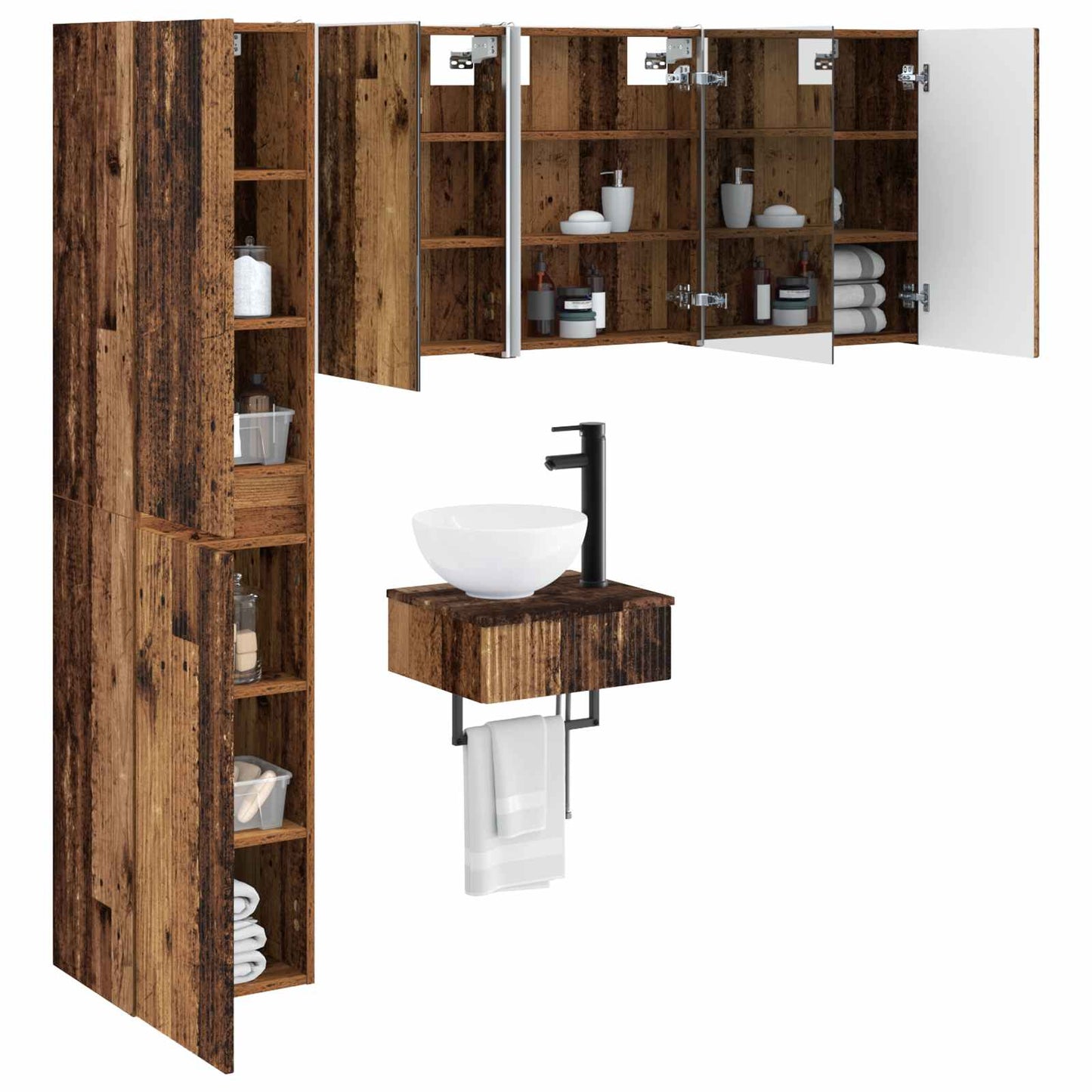 Bathroom Furniture Set 5 pcs Old Wood Engineered Wood and Glass
