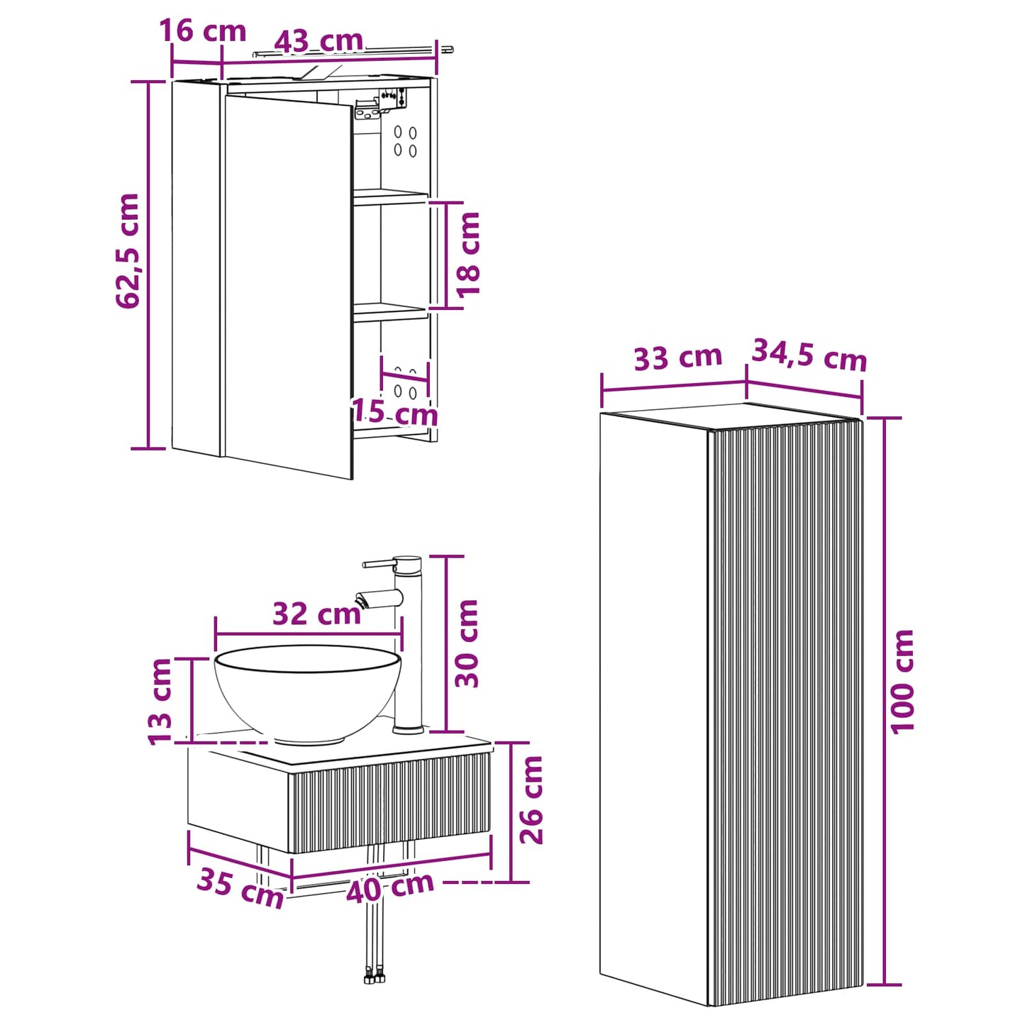 Bathroom Cabinet Set 4 pcs Concrete Grey 43 x 16 x 62.5 cm