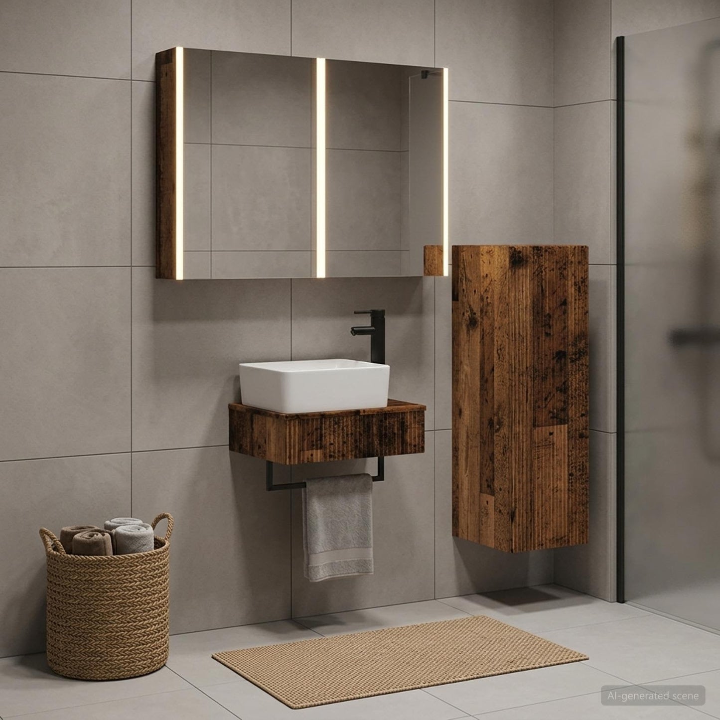 Bathroom Furniture Set 4 pcs Old Wood Engineered Wood and Glass