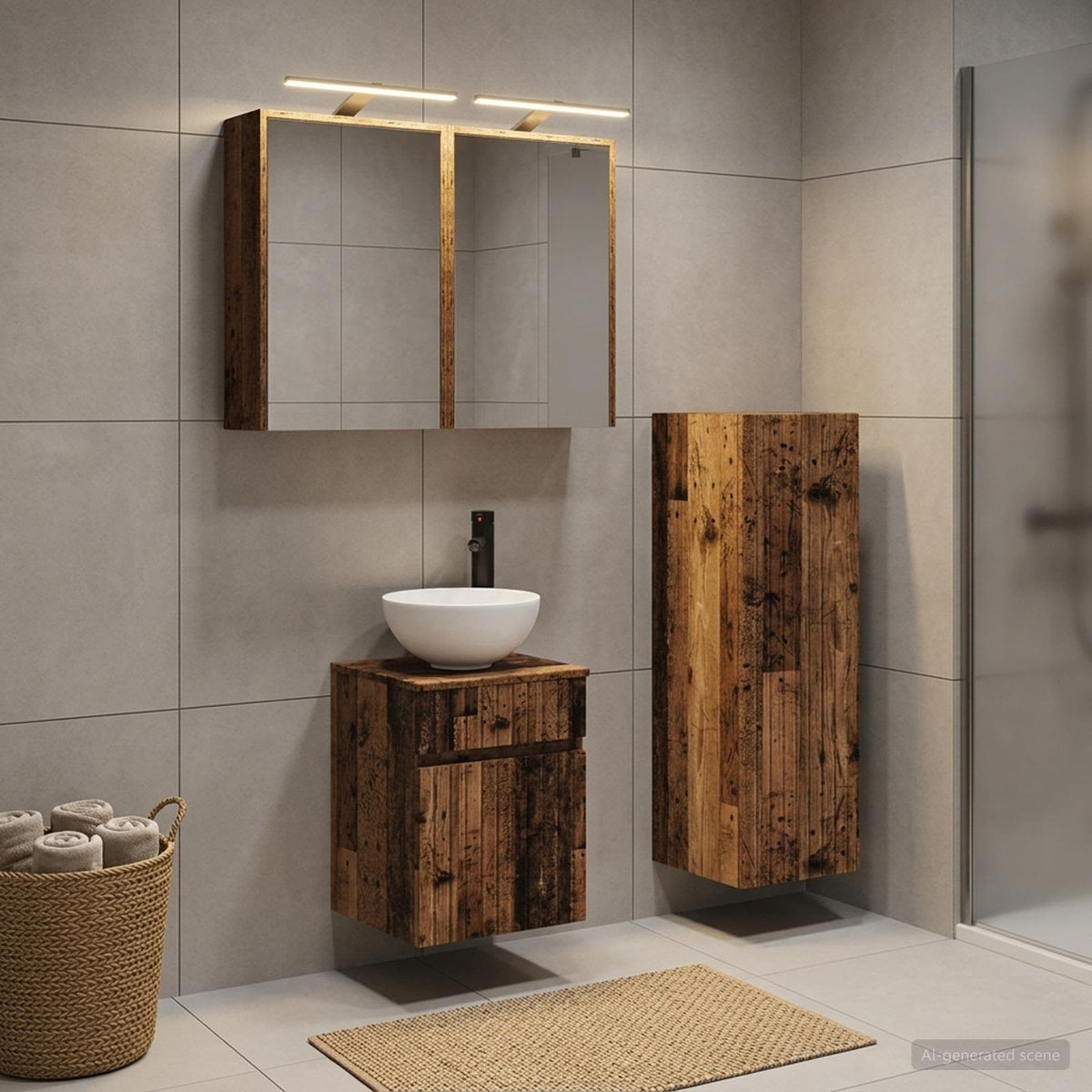 Bathroom Furniture Set 4 pcs Old Wood Engineered Wood and Glass