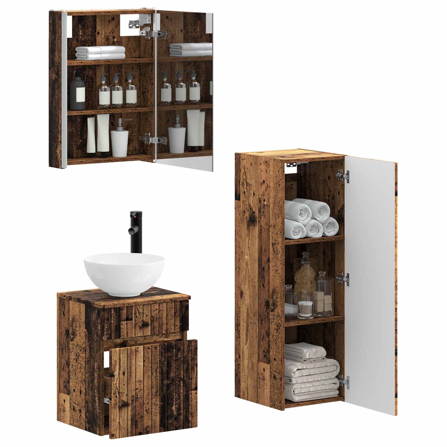 Bathroom Furniture Set 4 pcs Old Wood Engineered Wood and Glass