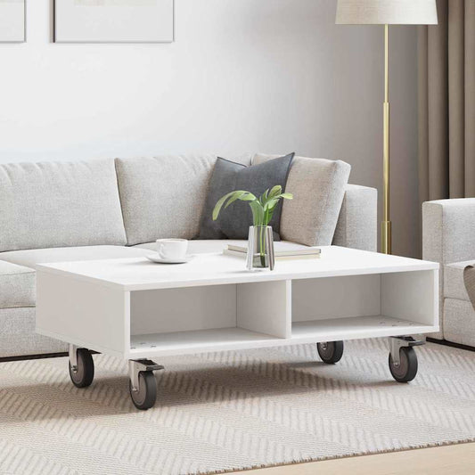 Side Table with Wheels White 90 x 50 x 30 cm Engineered Wood